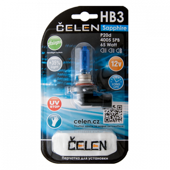 Галогенная лампа CELEN HB3 4005 SPB 12V 65W Halogen Sapphire (синяя) + 35% Long life, UV-stop + перчатка