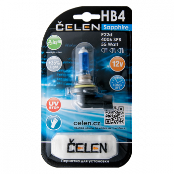 Галогенная лампа CELEN HB4 4006 SPB 12V 55W Halogen Sapphire (синяя) + 35% Long life, UV-stop, + перчатка