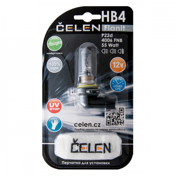 Галогенная лампа CELEN HB4 4006 FNB 12V 55W Halogen Fianit (прозрачная) + 35% Long life, UV-stop, + перчатка