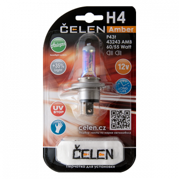 Галогенная лампа CELEN H4 43243 AMB 12V 60/55W Halogen Amber (желтая) + 35% Long life, UV-stop, + перчатка