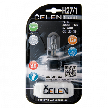 Галогенная лампа CELEN H27/1 4007/1 FNB 12V 27W Halogen Fianit (прозрачная) + 35% Long life, UV-stop, + перчатка