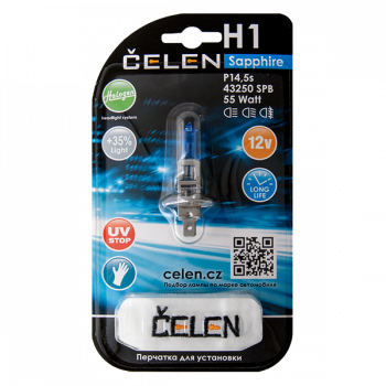 Галогенная лампа CELEN H1 43250 SPB 12V 55W Halogen Sapphire (синяя) + 35% Long life, UV-stop, + перчатка